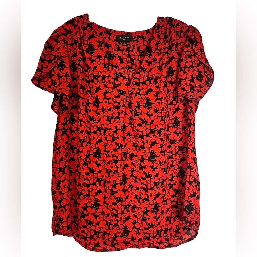 TAHARI ASL Ruby Black Floral Blouse V-neck Business Casual Size Large